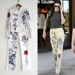 Roberto Cavalli Denim Set Jacket + Matching Pants Iconic tattoo print sz 44 / L